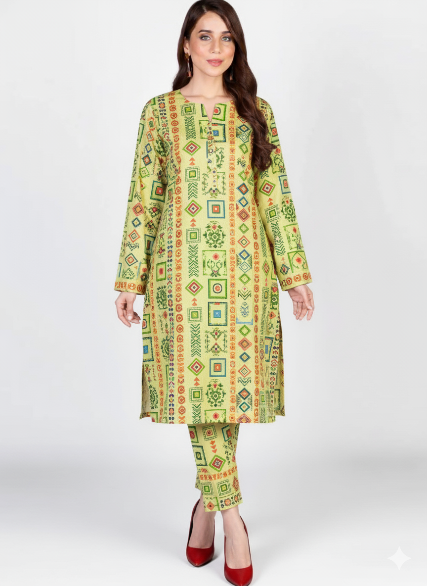 2PC KHADDAR Yellow Allover dress