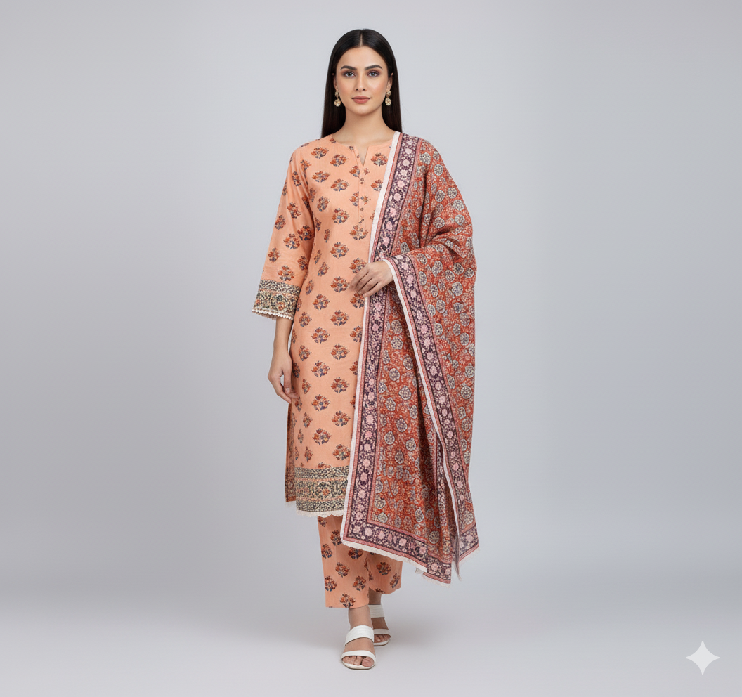Orange-Red 3pc Unstitched Suite