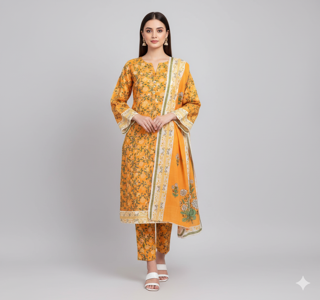 Yellow 3pc Unstitched Suite