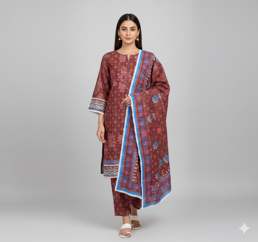 Red 3pc Unstitched Suite