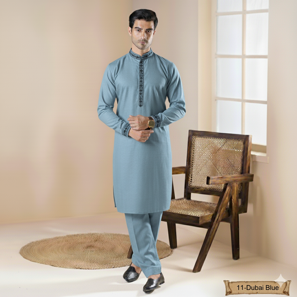 Junaid Jamshed Style: Exclusive Dubai Blue Wash & Wear Unstitched Suit