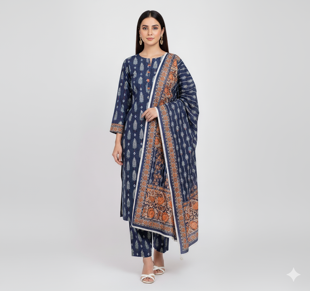 Dark Blue 3pc Unstitched Suite