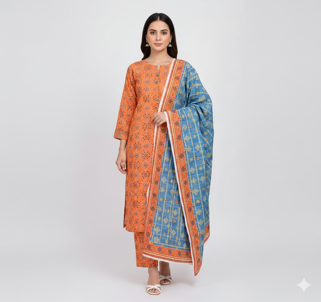 Blue-Orange 3pc Unstitched Suite