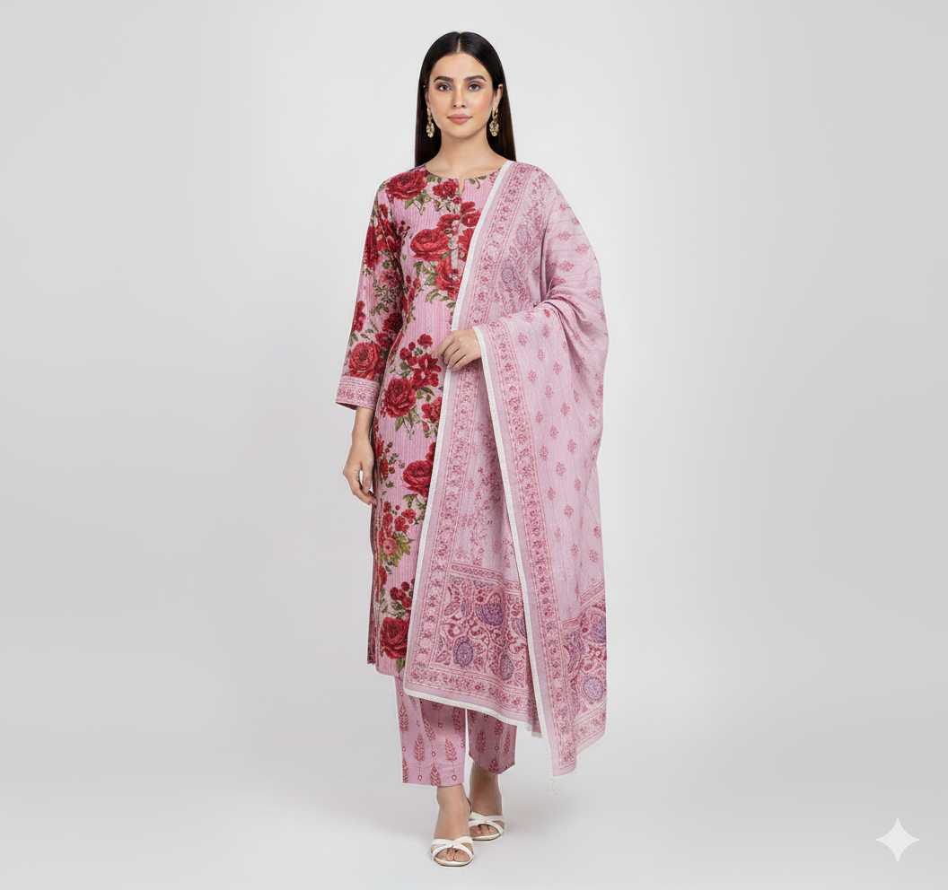 Pink 3pc Unstitched Suite