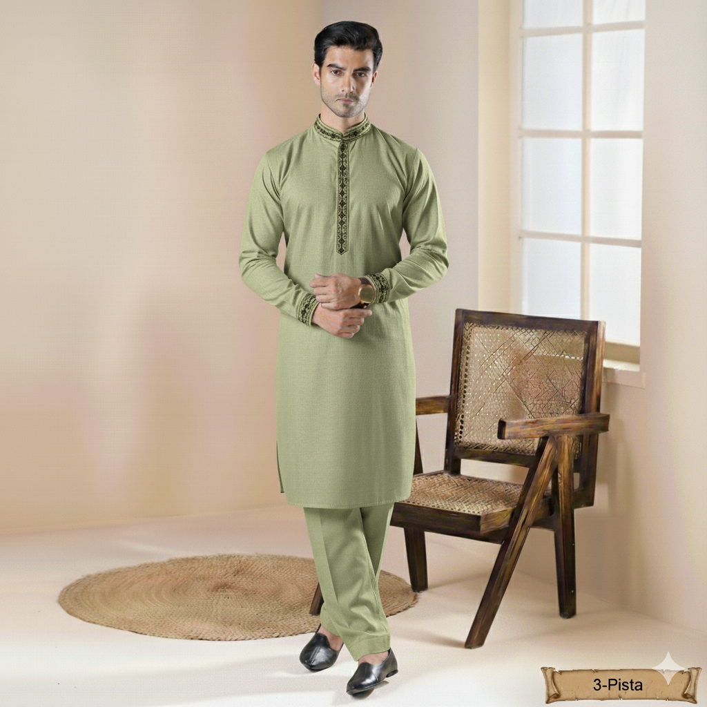 Junaid Jamshed Style: Premium Pista Green Wash & Wear Unstitched Suit