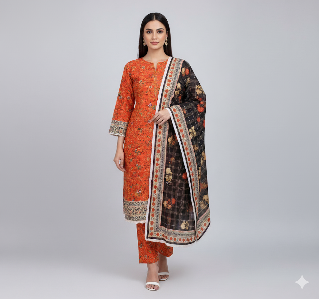 Orange-Black 3pc Unstitched Suite